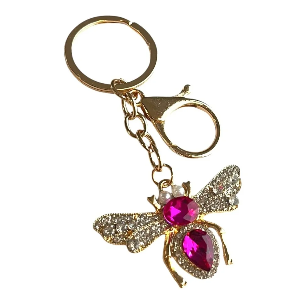 Women's Gold Pink Rhinestone Bee Charm Key Chain Pearl Lobster Clasp 4